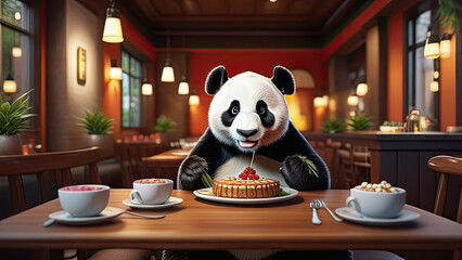 panda eating food in the restaurant. Cartoon panda. Generative AI