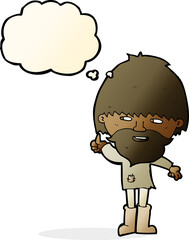 cartoon hippie man in wellington boots with thought bubble