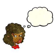 cartoon suspicious woman with thought bubble