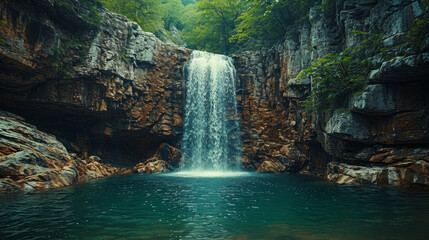 Fototapeta premium Secluded Waterfall in a Rugged Mountain Gorge