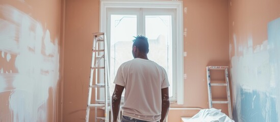 A man is seen painting in his house, possibly renovating.