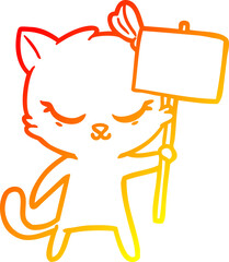warm gradient line drawing cute cartoon cat with sign