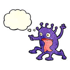 cartoon weird little alien with thought bubble