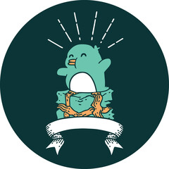 icon of tattoo style penguin sitting on present