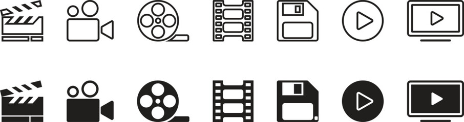Video and movie icons, video camera, film, memory card, video start button, TV.