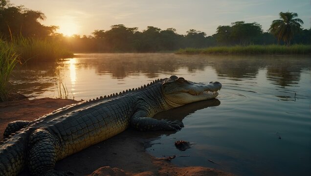 Sunrise on a alligator walking towards the river in the middle of the forest and trees