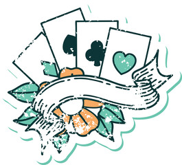 distressed sticker tattoo style icon of cards and banner