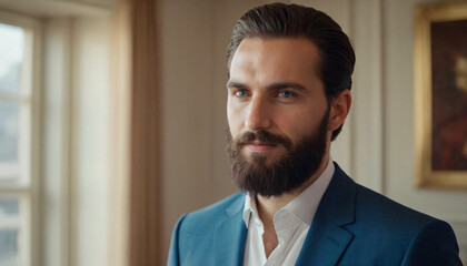 Young Elegant Man in Blue Suit, Confident Gaze, Slicked-Back Hair
