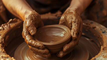 Pottery making, hands shaping clay on a potter's wheel - obrazy, fototapety, plakaty