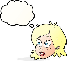 cartoon female face with surprised expression with thought bubble