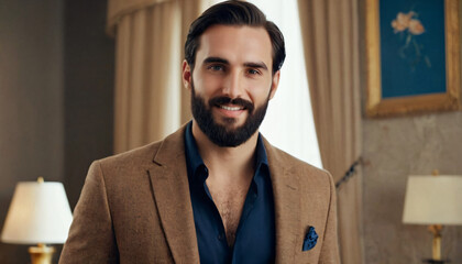 Young Elegant Brunette in Brown Jacket, Confident Sit in Office with Glass of Water
