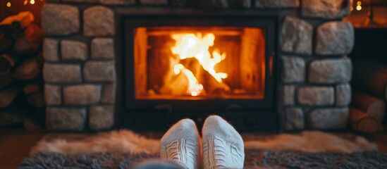 Adult feet in white socks near a small fire in a stone gas fireplace with a wooden mantle. - obrazy, fototapety, plakaty