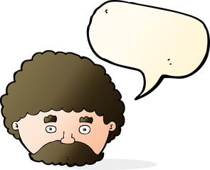 cartoon man with mustache with speech bubble
