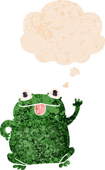 cartoon frog and thought bubble in retro textured style