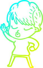cold gradient line drawing cartoon woman with eyes shut
