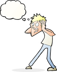 cartoon man panicking with thought bubble