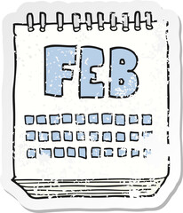 retro distressed sticker of a cartoon calendar showing month of february