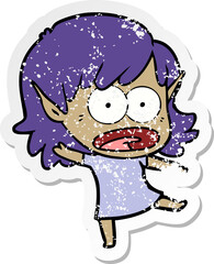 distressed sticker of a cartoon shocked elf girl