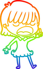 rainbow gradient line drawing cartoon woman talking loudly