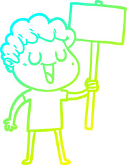 cold gradient line drawing laughing cartoon man with black signpost