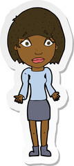 sticker of a cartoon woman shrugging shoulders