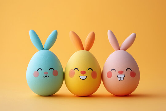 Three funny painted smiling Easter eggs pink, yellow and blue with bunny ears on sleek yellow background, happy Easter greeting card