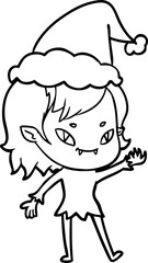 line drawing of a friendly vampire girl wearing santa hat
