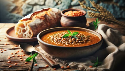 Rustic Lentil Soup in Ceramic Bowl, Healthy Eating Concept