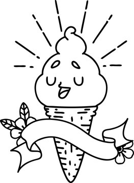 banner with black line work tattoo style ice cream character