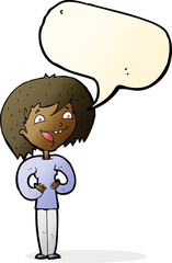 cartoon excited woman with speech bubble
