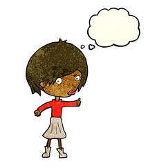 cartoon woman raising eyebrow with thought bubble