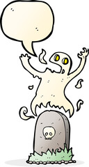 cartoon ghost rising from grave with speech bubble