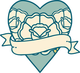 tattoo style icon of a heart and banner with flowers