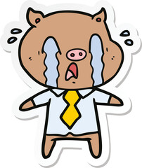 sticker of a crying pig cartoon wearing human clothes