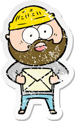 distressed sticker of a cartoon surprised bearded man holding letter
