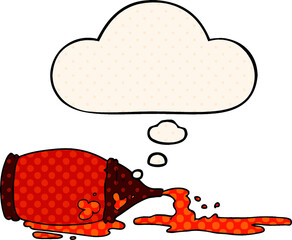 cartoon spilled ketchup bottle and thought bubble in comic book style