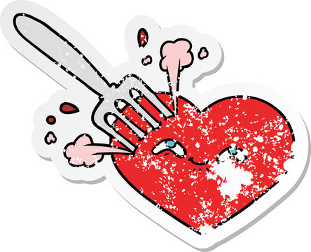 distressed sticker of a cartoon love heart stuck with fork