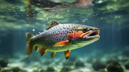 Underwater majestic view trout fish swimming in freshwater near the bottom	