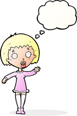 cartoon waving woman with thought bubble