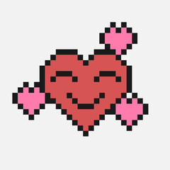 Fototapeta premium Pixel style heart emoji. Smiling face with hearts. 90s style emoticon