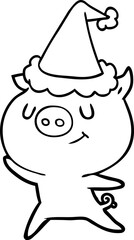 happy line drawing of a pig wearing santa hat