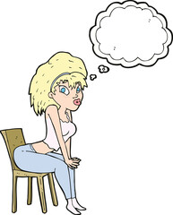 cartoon woman posing on chair with thought bubble