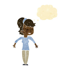 cartoon friendly woman shrugging shoulders with thought bubble