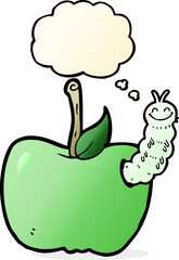 cartoon apple with bug with thought bubble