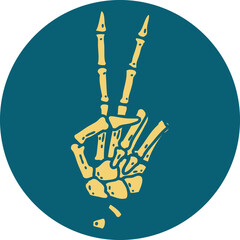 tattoo style icon of a skeleton hand giving a peace sign