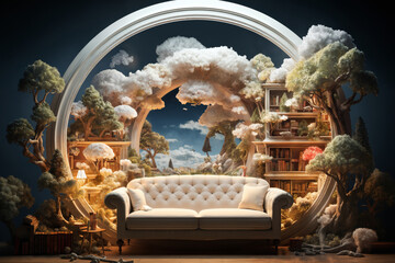 Obraz premium futuristic interior with a round window and a view of a beautiful landscape, with blue sky and clouds and trees, a place for rest and relaxation
