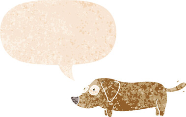 cartoon dog and speech bubble in retro textured style