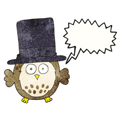 speech bubble textured cartoon owl wearing top hat