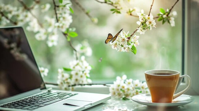 Warm coffee by the window with a view of beautiful spring landscape  Seamless looping 4k time-lapse virtual video animation background. Generated AI	