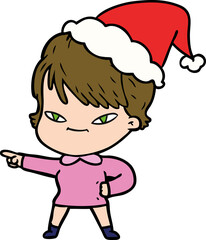 line drawing of a happy woman wearing santa hat